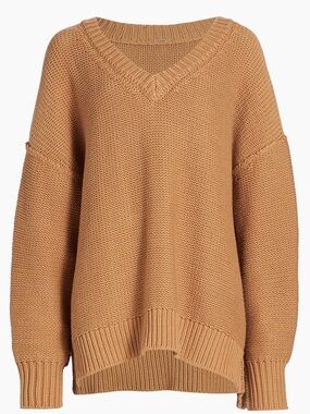 Free People Alli V-Neck Cotton Blend Oversized Sweater Camel Color - Large